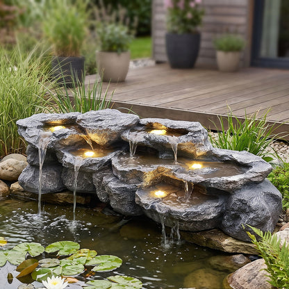 Großer Wasserfall für Teich BK-T200, 109 cm Kunstfelsen mit Pumpe & 5 LED
