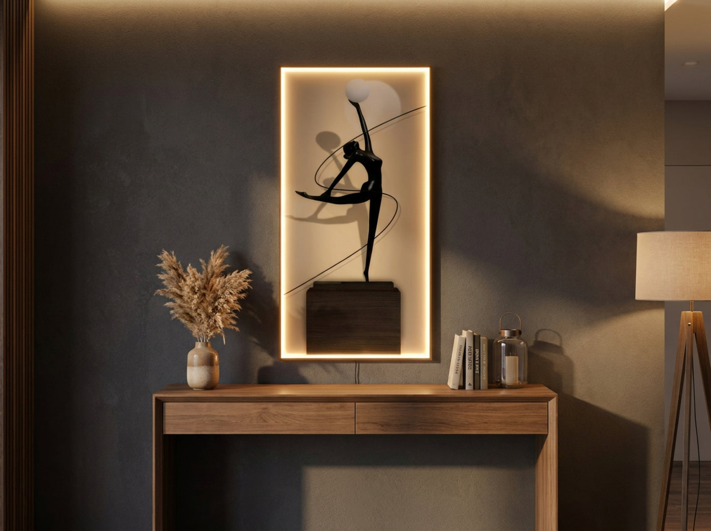 LED Glas Wandbild 100x50 cm mit Beleuchtung, Moderne Ballerina Wanddekoration, Indirekte Warmweiße LED, Dimmbar, Fernbedienung,