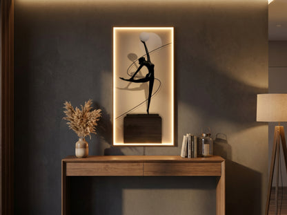 LED Glas Wandbild 100x50 cm mit Beleuchtung, Moderne Ballerina Wanddekoration, Indirekte Warmweiße LED, Dimmbar, Fernbedienung,