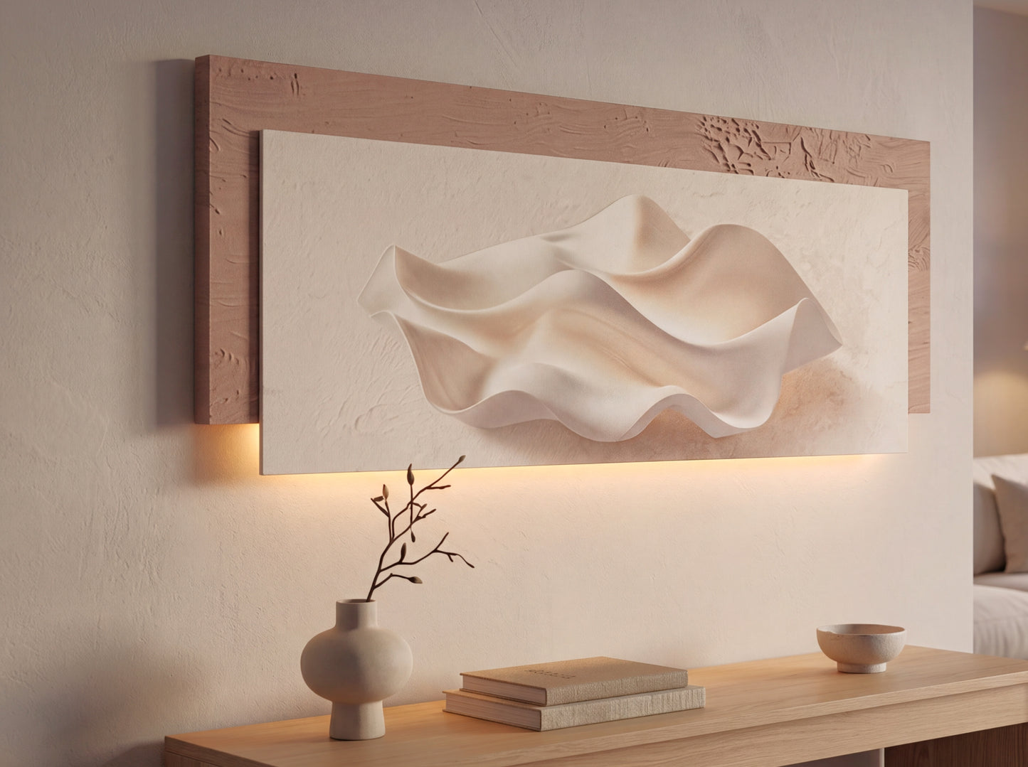 LED Wandbild 115x44 cm beleuchtet Muschel Beige Wanddekoration Dekolicht