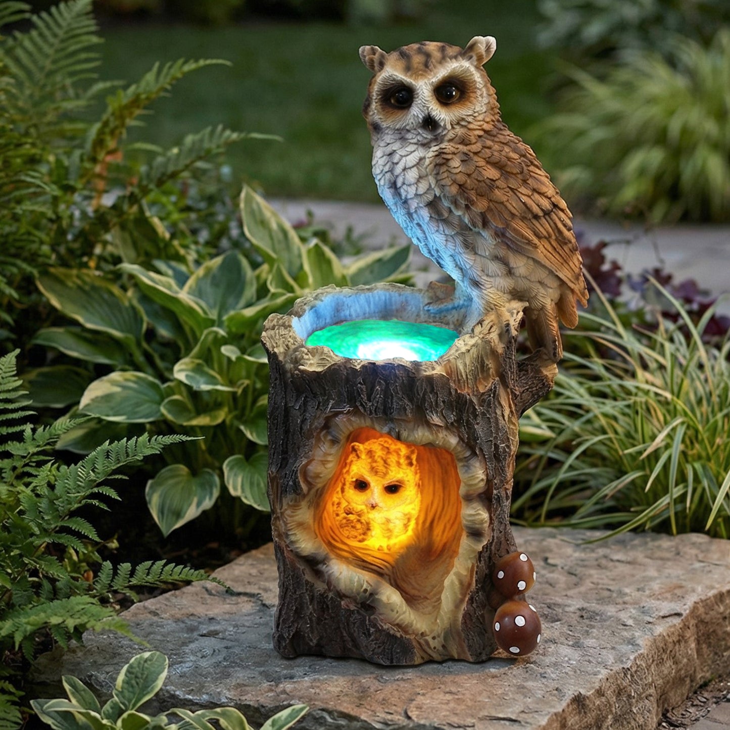 Solar Gartenfigur Eule mit Baumstamm 30 cm Solarleuchte detailreich Gartendeko beleuchtet Tierfigur