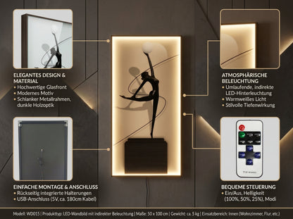 LED Glas Wandbild 100x50 cm mit Beleuchtung, Moderne Ballerina Wanddekoration, Indirekte Warmweiße LED, Dimmbar, Fernbedienung,