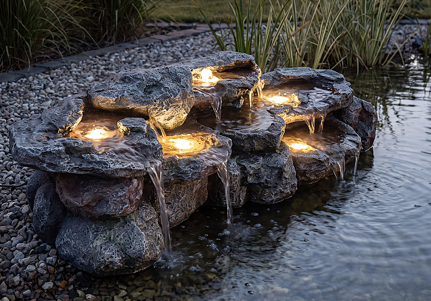 Großer Wasserfall für Teich BK-T200, 109 cm Kunstfelsen mit Pumpe & 5 LED