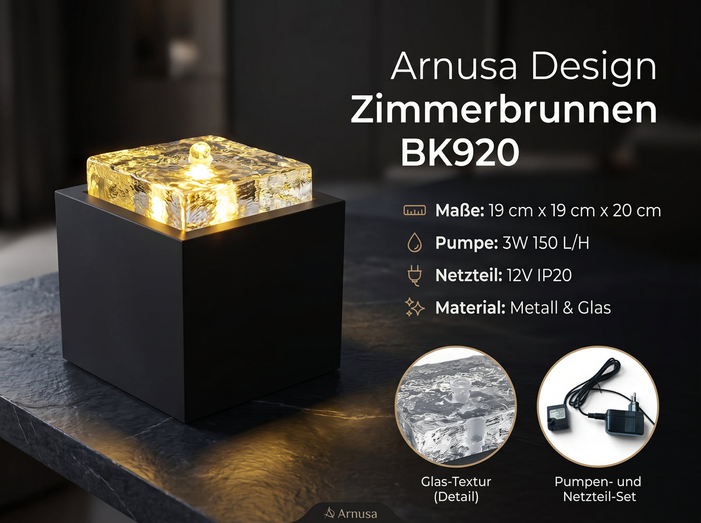 Moderner Zimmerbrunnen Metall und Glas mit LED Beleuchtung 19x19x20cm Brunnen Wasserspiel