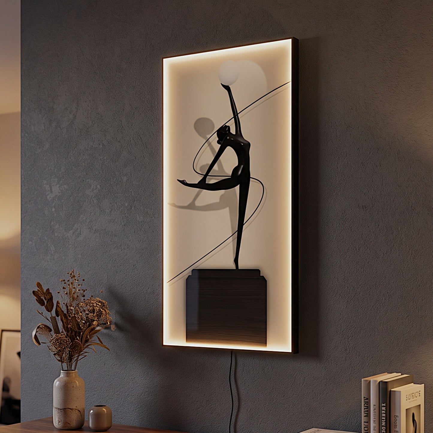 LED Glas Wandbild 100x50 cm mit Beleuchtung, Moderne Ballerina Wanddekoration, Indirekte Warmweiße LED, Dimmbar, Fernbedienung,