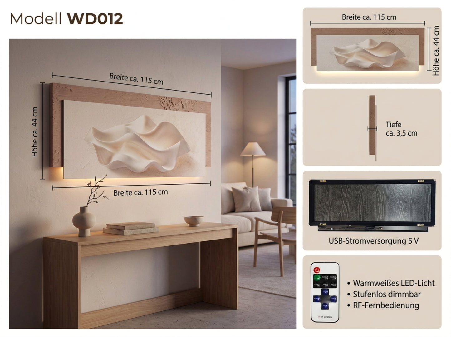 LED Wandbild 115x44 cm beleuchtet Muschel Beige Wanddekoration Dekolicht