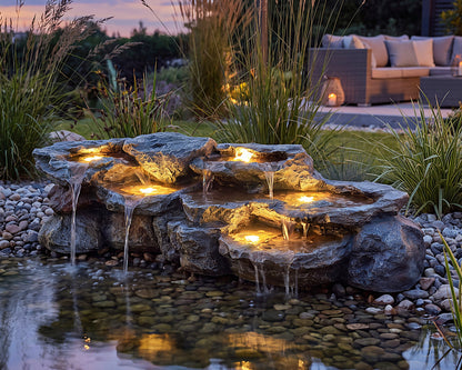 Großer Wasserfall für Teich BK-T200, 109 cm Kunstfelsen mit Pumpe & 5 LED