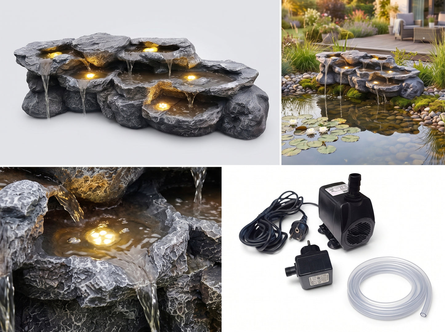 Großer Wasserfall für Teich BK-T200, 109 cm Kunstfelsen mit Pumpe & 5 LED