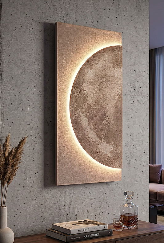 LED Wandbild 100 x 50 cm mit indirekter Beleuchtung, Mond Wanddekoration mit Sandsteinstruktur, dimmbar per Fernbedienung, USB, moderne Wanddeko Wohnzimmer Schlafzimmer