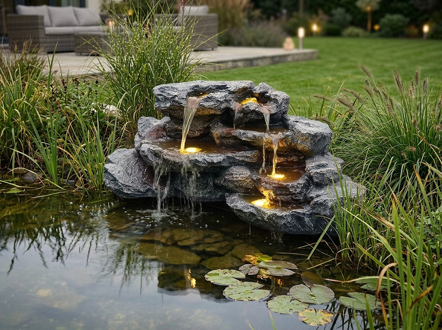 Kunstfelsen Wasserfall für Teich BK-T300 – Brunnen LED Teichdeko Steinoptik