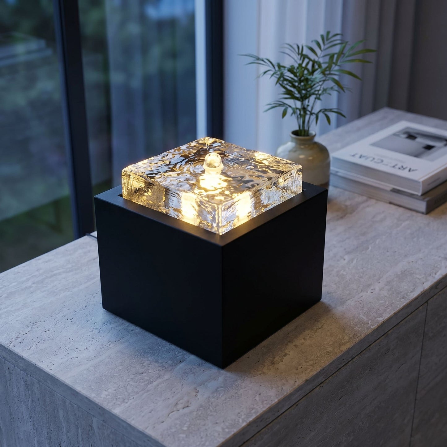 Moderner Zimmerbrunnen Metall und Glas mit LED Beleuchtung 19x19x20cm Brunnen Wasserspiel