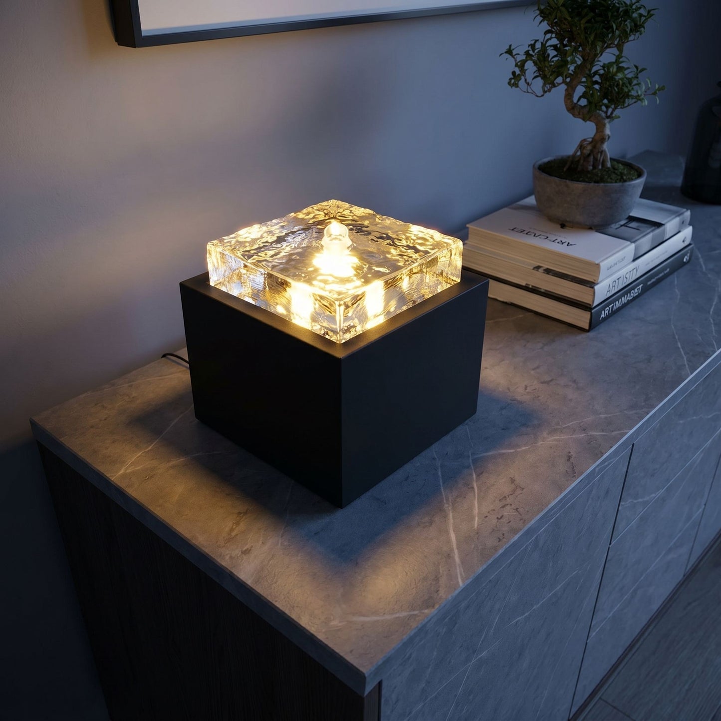 Moderner Zimmerbrunnen Metall und Glas mit LED Beleuchtung 19x19x20cm Brunnen Wasserspiel